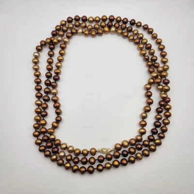 Collar de Perlas de Agua Dulce Cierre 14k 56" Bronce Cobre Marrón Anudado 6.5/7mm Foto 1 de 4