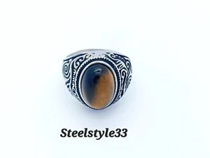 TIGER'S EYE RING SIGNET FLORAL VINTAGE STONE RING STAINLESS STEEL FOR MEN WOMEN - Picture 1 of 18