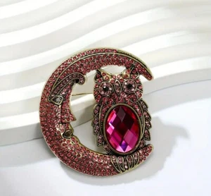 Owl on moon pink crystal pin brooch - Picture 1 of 1