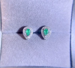 Natural Emerald Earrings, Colombian Emerald Stud Earrings Sterling Silver - Picture 1 of 5