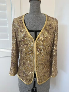 Chaqueta de noche vintage años 80 90 George Gross dorada seda lentejuelas cuentas S 8 de lujo - Imagen 1 de 18