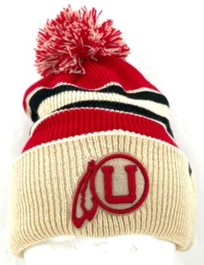 NEW Utah Utes Patch Zephyr Cuffed Knit Pom Striped Beanie Hat Cap Tan Red OS - Picture 1 of 8