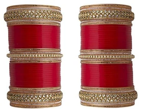 Red Chuda Chooda Bangles With Kundan Stones And Bindi Style Wedding Bridal - Picture 1 of 2