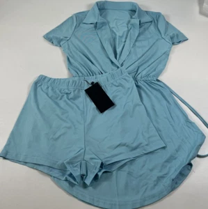 Womens Light Blue Short Dress Set Short Sleeve Deep V-Neck Shein Size XS - Picture 1 of 17