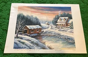 Vintage Campbell Frost Signed Print Snowy Barn Farmhouse Winter Scene - Picture 1 of 10
