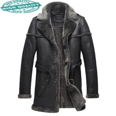 Men's Sheepskin Shearling Long Coat Retro Leisure Bomber Real Leather Overcoat - Image 1 of 4