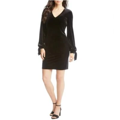 Vestido vaina de terciopelo Karen Kane para mujer cuello en V con mangas de lazo talla grande Foto 1 de 4