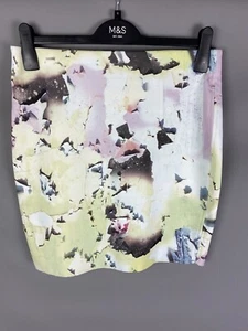 Zara Size L 12 14 Scuba Fitted Skirt Knee Length Yellow Green Abstract Floral - Picture 1 of 7