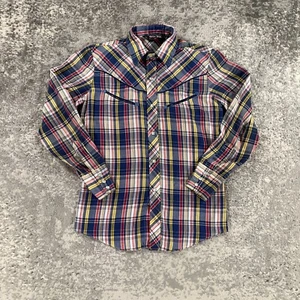 VTG Western Shirt Boys 14 Blue Plaid Pearl Snap Smile Pockets Border Town 80s - Picture 1 of 15