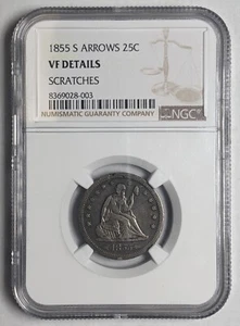 1855 S Seated Liberty 25C Arrows VF Details Scratches - Picture 1 of 5