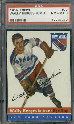 1954 Topps #22 Wally Hergesheimer Hockey Rangers PSA 8 - Image 1 of 2