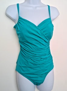 Jantzen Classics Sz 10 Ruched Green One Piece Swimsuit Slimming Padded Bra Teal - Picture 1 of 10