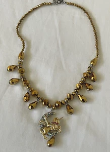 KIRKS FOLLY Brown Mirror Beaded Fringe Necklace w GT Unicorn Fairy Pendant - Picture 1 of 6