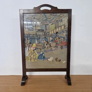 Vintage Wooden Hand Embroidered Fire Screen Guard Wood Fireguard Tapestry - Picture 1 of 9