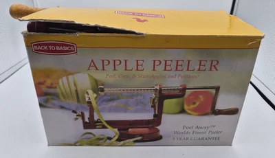 Back To Basics Apple Peeler Red Cast Iron Suction Base Peel Core Slice Potatoes - Image 1 of 4