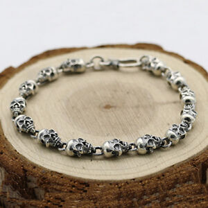 Real Solid 925 Sterling Silver Bracelet Link Chain Skeletons Skulls Jewelry