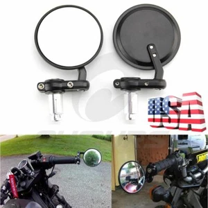 Black Motorcycle Round 7/8" Bar End Rear View Side Mirrors For Bobber Cafe Racer - Picture 1 of 12