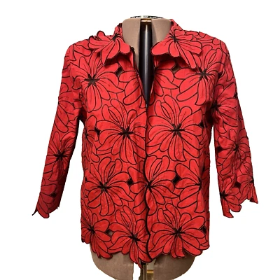 Karen Arnold.  Talla 3X.  Cutwork bordado.  Chaqueta roja.  1 botón de cuello.  B20 Foto 1 de 4