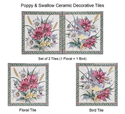 Poppy & Swallow Ceramic Tiles 15cm x 15cm Decorative Victorian Style Floral Bird - Image 1 of 4