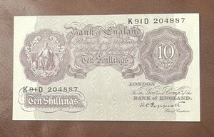 1940 10 Shilling Banknote-Peppiatt,War Time Issue-Extremely Fine Apart From Fold - Picture 1 of 2