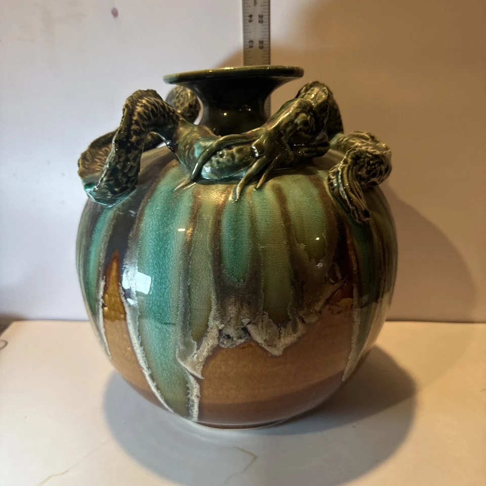Jarrón grande vintage asiático marrón y espectacular esmalte verde cerámica dragón Foto 1 de 4