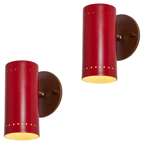 Pair of 1960s Tito Agnoli Red and Brass Articulating Sconces for O-Luce Cover