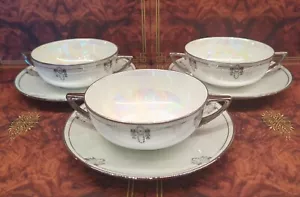 3 Ca 1920s Rosenthal Silverite Art Deco Style 2 Handle Cream Soup Bowl w/Saucer - Picture 1 of 8