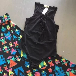 BNWT sugarlips bodysuit Black v neck tie string snap button bottom size L - Picture 1 of 1