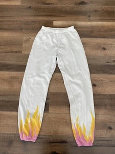 Wildfox White Sweatpants Pink Orange Flames Cozy Relaxed Fit Sz S - Picture 1 of 4