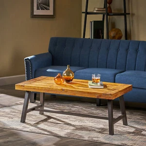 Vern Indoor Rustic Acacia Wood Coffee Table, Sandblast Finish - Picture 1 of 8