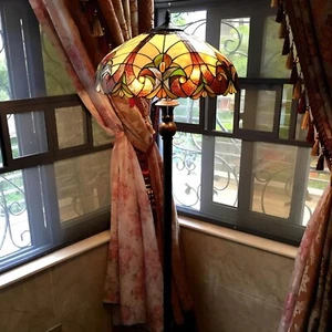 Tiffany Style Floor Lamp Stained Glass Vintage Victorian Design 2 Lights Amber - Picture 1 of 4