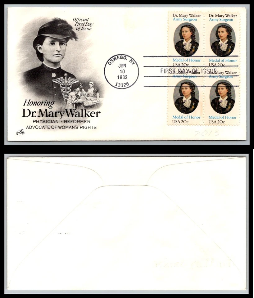 US FDC # 2013 20c Dr. Mary Walker  ArtCraft block L.cancel 1982, 9Q2411 - Image 1 of 1