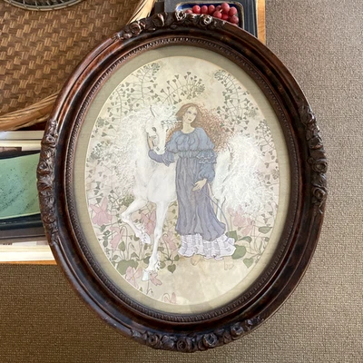 De Colección Unicornio Doncella Impresión Ovalado Marco de Madera Borde Rosa Místico Estilo Art Nouveau Foto 1 de 4