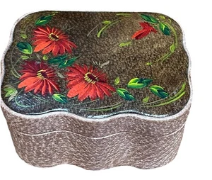 VTG Hand Painted Floral Motif Leather Trinket Jewelry Box Cloth Lined 5x4 - Picture 1 of 13
