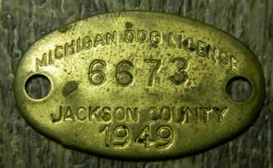 1949 Michigan Dog License Brass Tag # 6673 Jackson County (F683JAW) - Picture 1 of 2