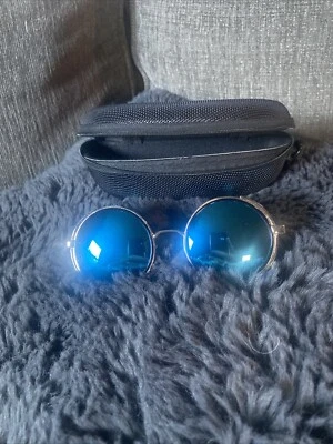 Blue Mirrored Round Lens Cyber/Steampunk/BurningMan/Cosplay Glasses W Case - Image 1 of 4