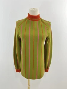 Vintage 60er 70er Mod Gogo Pullover High Neck oliv grün rosa orange Raglan Strick Top - Bild 1 von 6