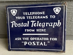 Rare Antique PORCELAIN Postal Telegraph Flange Blue & White Sign - Picture 1 of 10