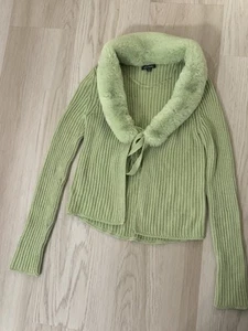 WILD FABLE LIME GREEN FAUX FUR TRIMMED COLLAR TIE FRONT CARDIGAN Sweater M Rib - Picture 1 of 4