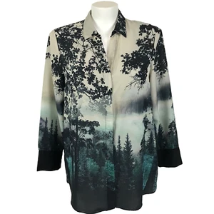 Wallis Blouse Green Size 18 Beige Navy Forest Print Long Sleeve Button Front - Picture 1 of 13