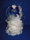 New Elegant Wedding Blown Glass Double Hearts, white floral & lace Caketop #116