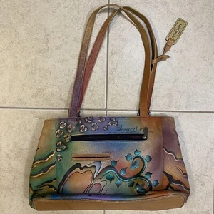 ANUSCHKA Painted BUTTERFLY Multicolor Leather Hobo Shoulder Shopper Purse Bag - Picture 1 of 3