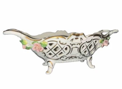 Vintage Alka Kunst Dresden Porcelain Footed Basket Trinket Dish Gold Gilt Floral - image 1 of 4