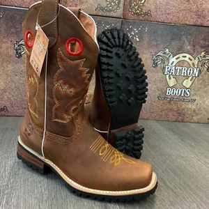 MEN'S BROWN BOOTS WESTERN COWBOY SQUARE TOE CRAZY LEATHER TRACTOR SOLE - Picture 1 of 8
