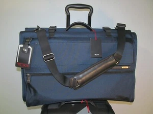 TUMI-Navy Blue-Black Leather Tri Fold Carry On Garment Bag-Full Zip Closure, NWT - Picture 1 of 15