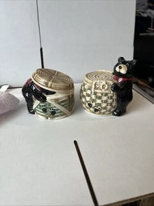 Salt And Pepper Set Bears With Honey Pot (Stoppers In Tact) Small Nick In Ear - Picture 1 of 5