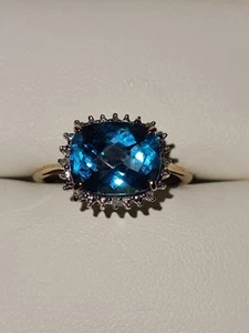 Swiss Blue Topaz And Natural Diamond 9ct Gold Ring In Size M 1/2 - Picture 1 of 6
