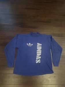 Vintage 80s Adidas Originals Blue Mens Large USA Made Mock Long Sleeve Tee - Picture 1 of 5