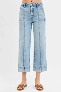 Pantalones de mezclilla RISEN talla completa con costuras inclinadas bolsillo pierna ancha recortados en azul claro 27" entrepierna - Imagen 1 de 7