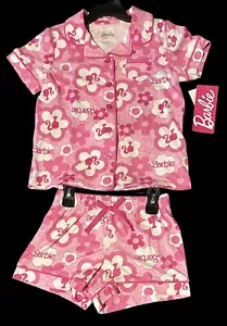 NWT Girls Barbie Pajamas Sleep Set Button Shirt Shorts Pink Flower XS4/5 S6 M7/8 - Picture 1 of 8